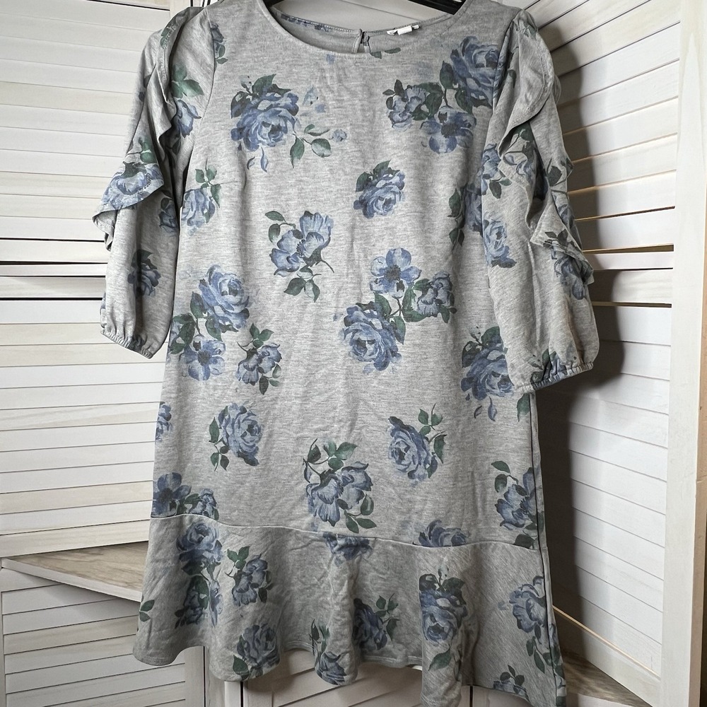 Westport Women's Tunic Dress Medium Gray Blue Floral Ruffle Sleeve‎ Casual EUC